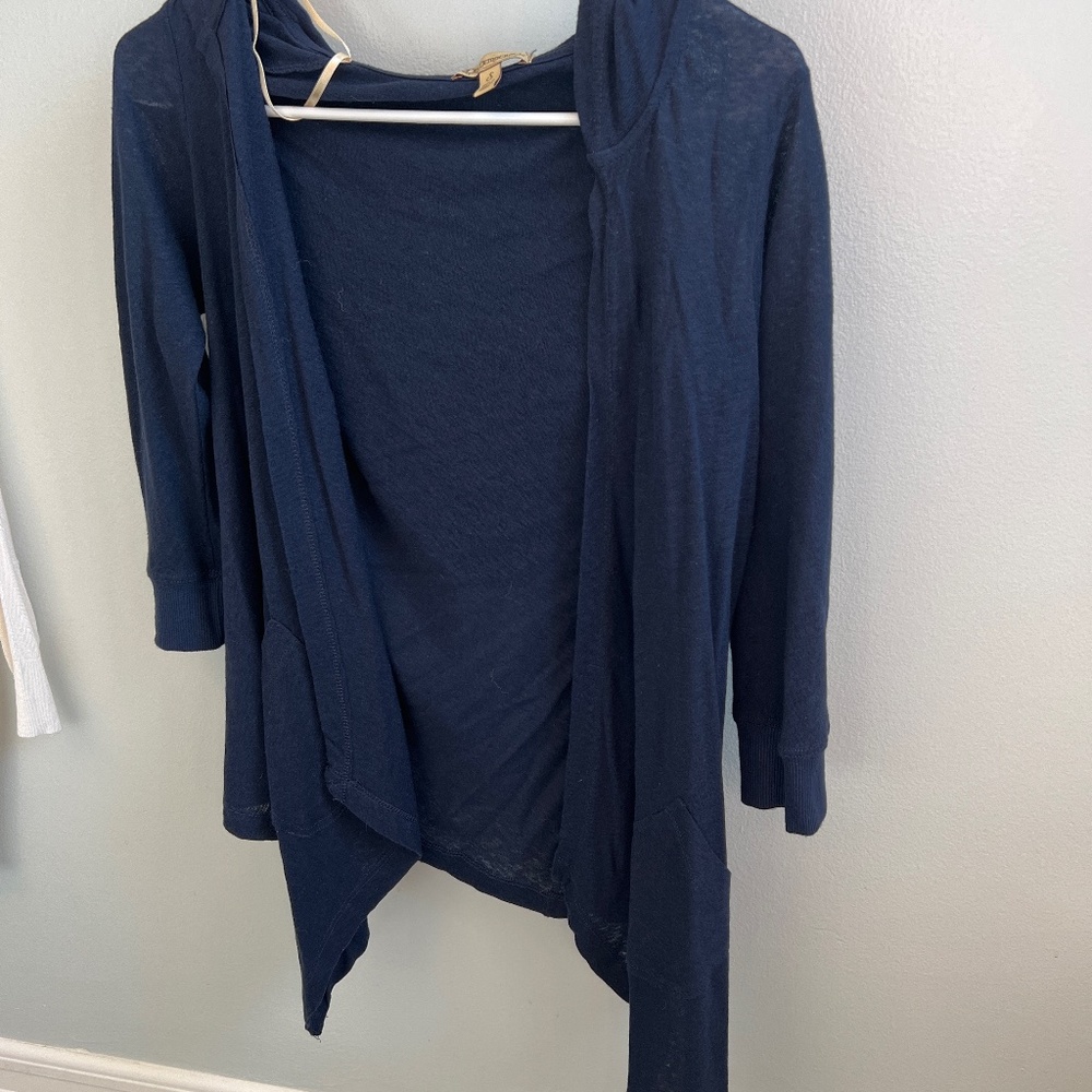 Navy lightweight 3/4 sleeve casual hooded cardigan